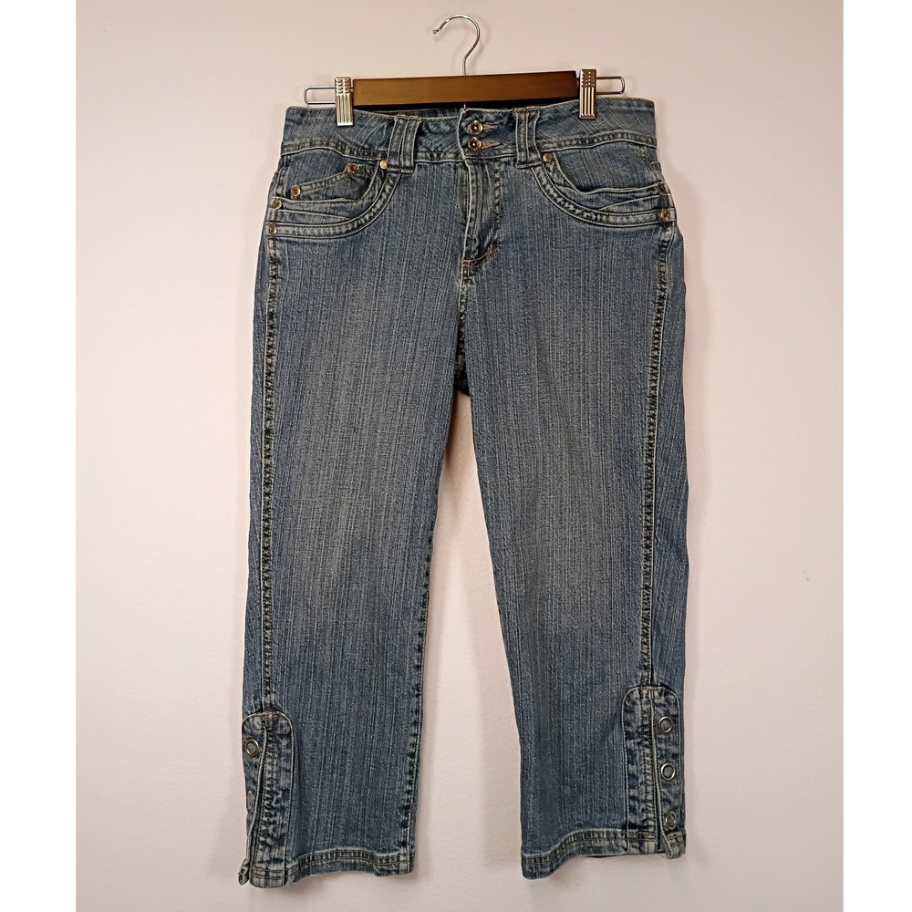 Y2K Retro Faded Glory Womens Size 6 Blue Denim Grommet Slit Hem Capri Jeans